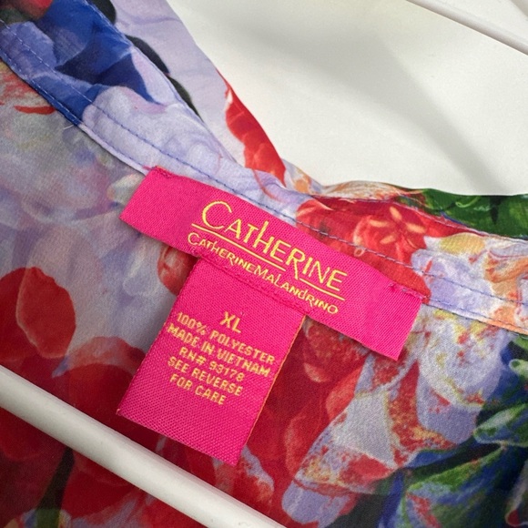 Catherine Malandrino Top Floral Collared Semi Sheer Shirt Sz XL Ruched Sides - Picture 2 of 4